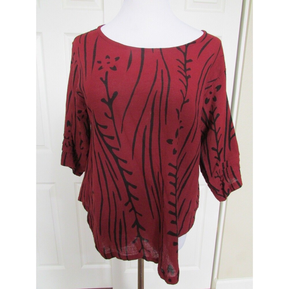 YASUKO Orange/Red Asymmetrical Scalloped Floral Cotton Top Art to Wear Sz M/L